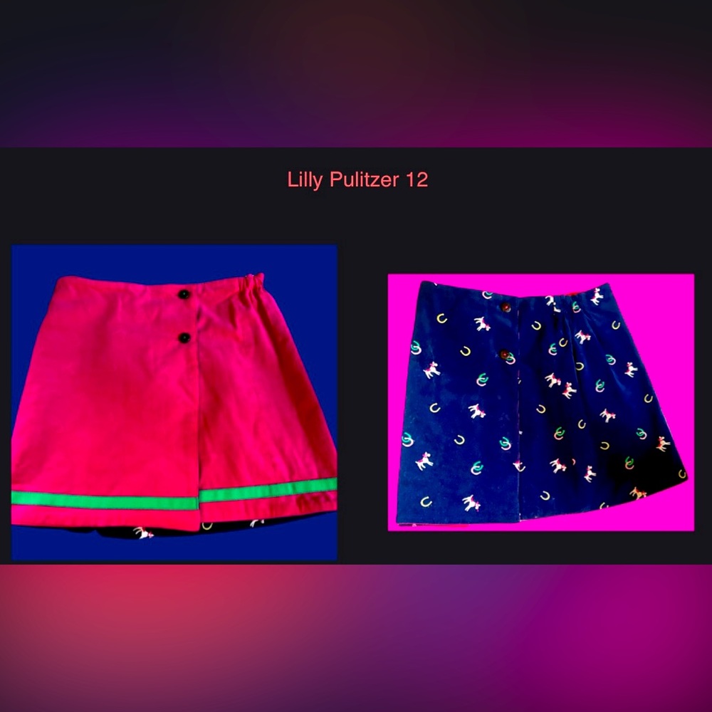 LILLY PULITZER REVERSIBLE CORDUROY SKIRT EMBROIDERED HORSES PINK /GRN RIBBON 12